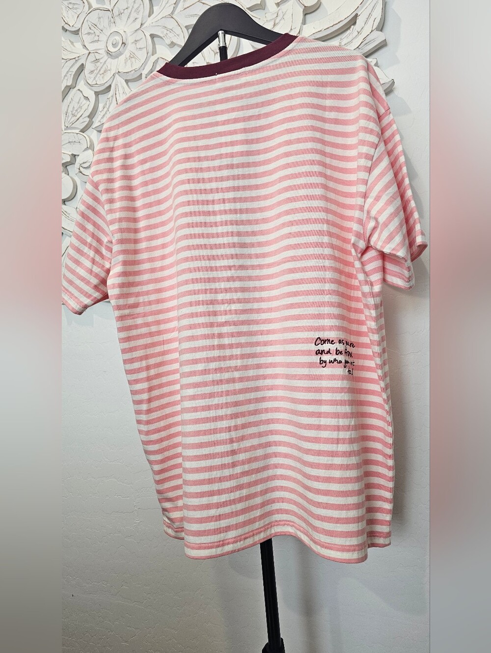 Mayfair Pink & White Striped Short Sleeve Cotton Oversized Tee Women's Sz S/M — image 4 of 7
